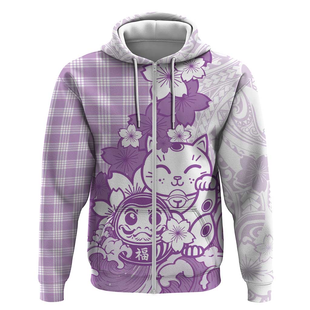 Purple Palaka Hawaiian And Japanese Hoodie Maneki Neko And Sakura Bloom