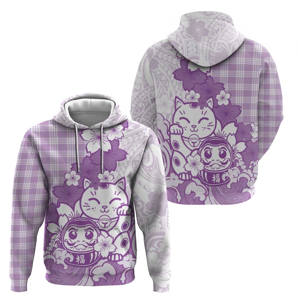 Purple Palaka Hawaiian And Japanese Hoodie Maneki Neko And Sakura Bloom