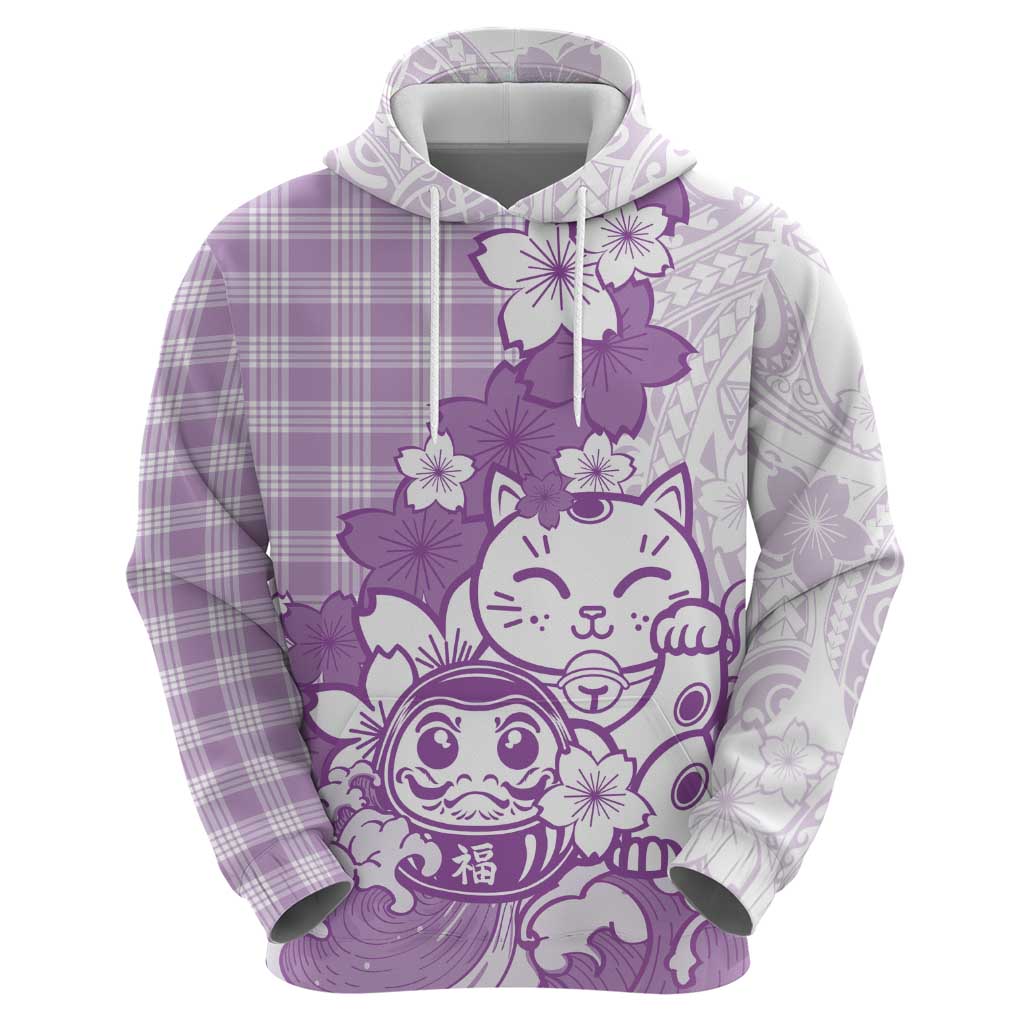 Purple Palaka Hawaiian And Japanese Hoodie Maneki Neko And Sakura Bloom