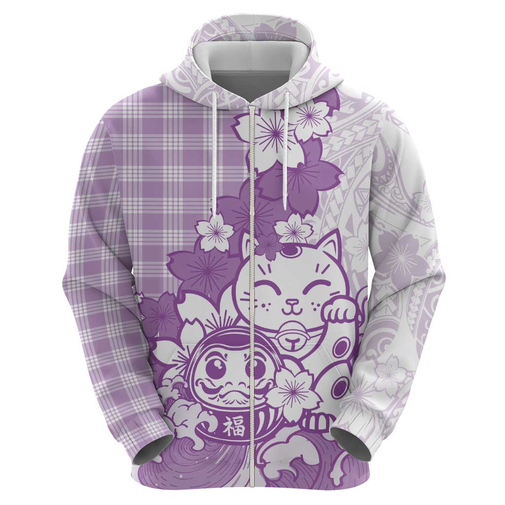 Purple Palaka Hawaiian And Japanese Hoodie Maneki Neko And Sakura Bloom