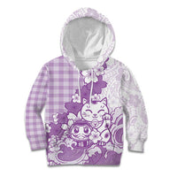 Purple Palaka Hawaiian And Japanese Kid Hoodie Maneki Neko And Sakura Bloom DT05 Hoodie Purple - Polynesian Pride