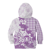 Purple Palaka Hawaiian And Japanese Kid Hoodie Maneki Neko And Sakura Bloom DT05 - Polynesian Pride