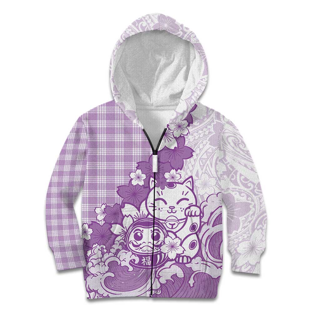 Purple Palaka Hawaiian And Japanese Kid Hoodie Maneki Neko And Sakura Bloom DT05 Zip Hoodie Purple - Polynesian Pride