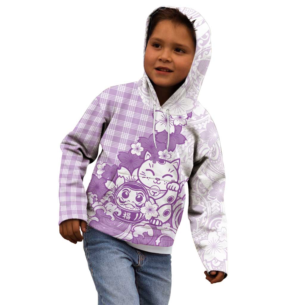 Purple Palaka Hawaiian And Japanese Kid Hoodie Maneki Neko And Sakura Bloom DT05 - Polynesian Pride