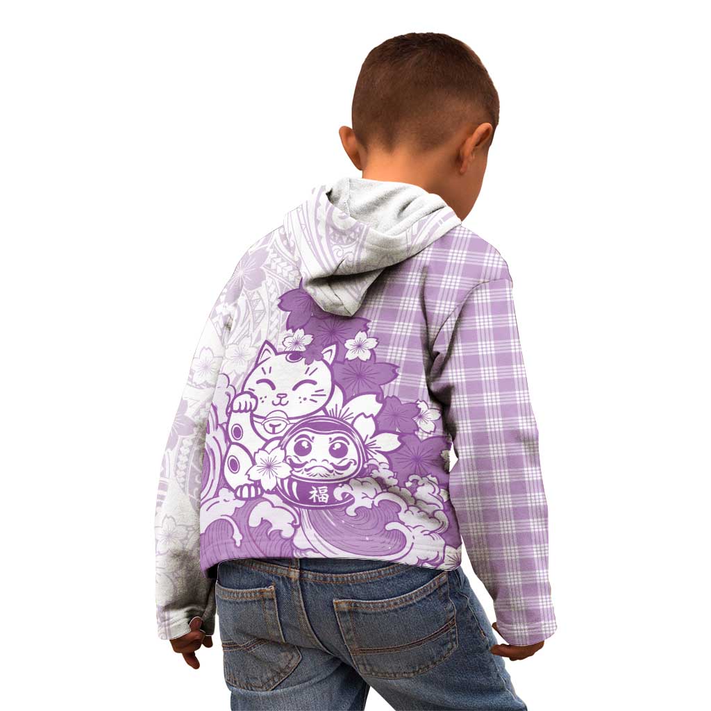 Purple Palaka Hawaiian And Japanese Kid Hoodie Maneki Neko And Sakura Bloom DT05 - Polynesian Pride