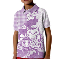 Purple Palaka Hawaiian And Japanese Kid Polo Shirt Maneki Neko And Sakura Bloom DT05 Kid Purple - Polynesian Pride