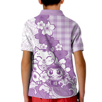 Purple Palaka Hawaiian And Japanese Kid Polo Shirt Maneki Neko And Sakura Bloom DT05 - Polynesian Pride