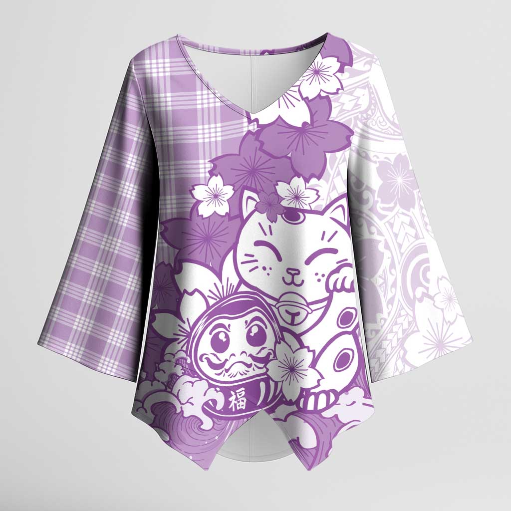 Purple Palaka Hawaiian And Japanese Kimono Sleeve Blouse Maneki Neko And Sakura Bloom DT05 Female Purple - Polynesian Pride