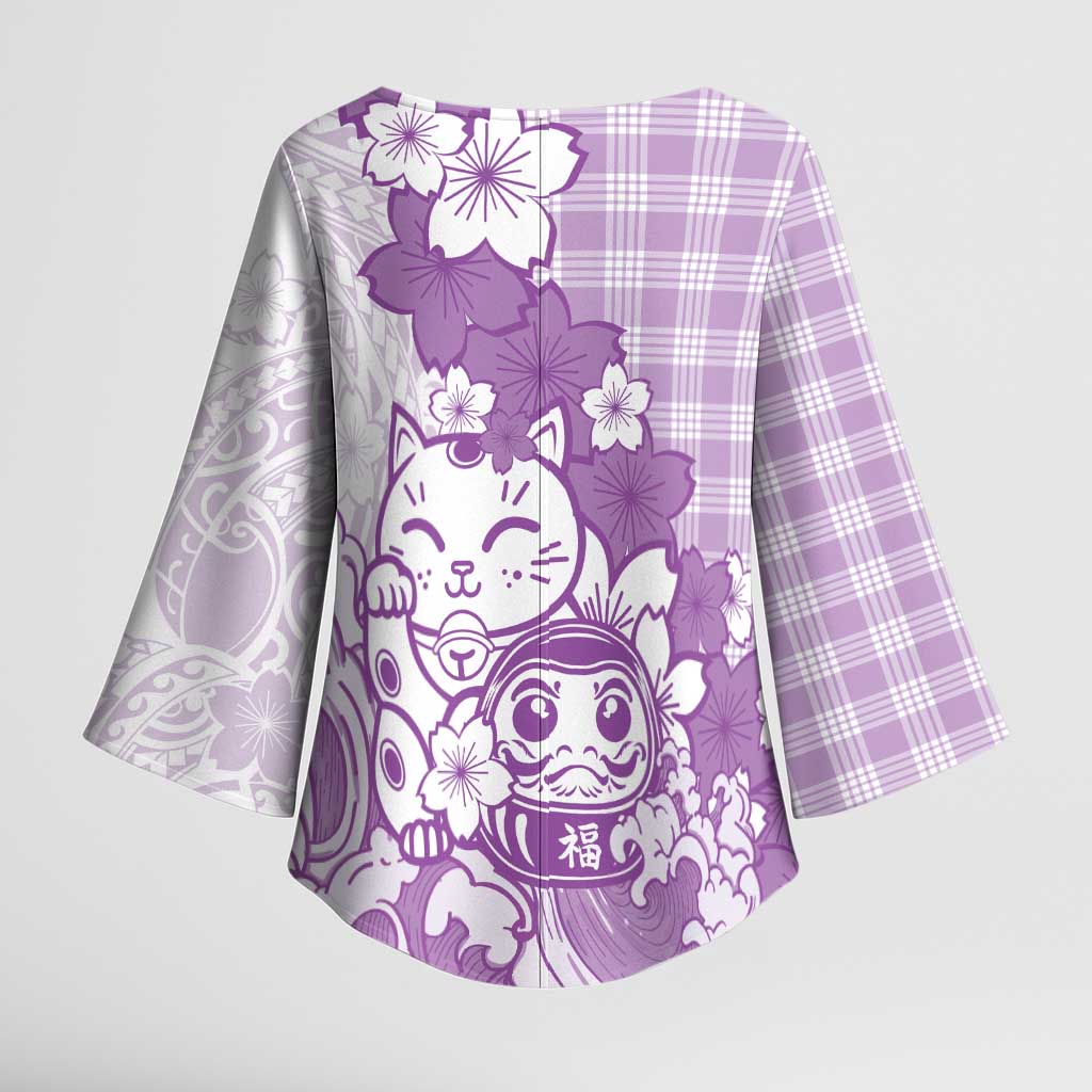 Purple Palaka Hawaiian And Japanese Kimono Sleeve Blouse Maneki Neko And Sakura Bloom DT05 - Polynesian Pride
