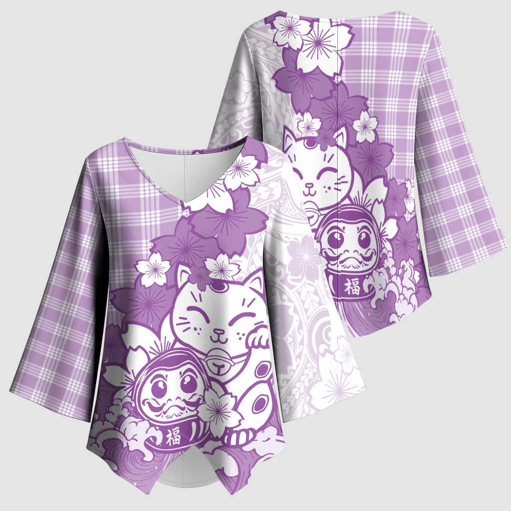 Purple Palaka Hawaiian And Japanese Kimono Sleeve Blouse Maneki Neko And Sakura Bloom DT05 - Polynesian Pride