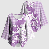 Purple Palaka Hawaiian And Japanese Kimono Sleeve Blouse Maneki Neko And Sakura Bloom DT05 - Polynesian Pride