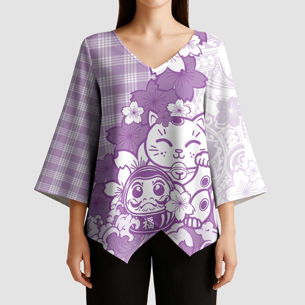 Purple Palaka Hawaiian And Japanese Kimono Sleeve Blouse Maneki Neko And Sakura Bloom DT05 - Polynesian Pride