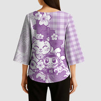 Purple Palaka Hawaiian And Japanese Kimono Sleeve Blouse Maneki Neko And Sakura Bloom DT05 - Polynesian Pride