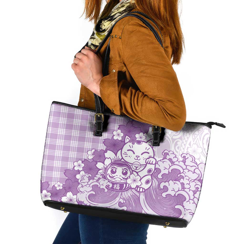 Purple Palaka Hawaiian And Japanese Leather Tote Bag Maneki Neko And Sakura Bloom DT05 Purple - Polynesian Pride