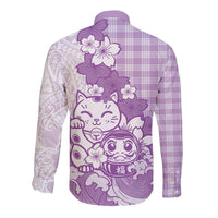 Purple Palaka Hawaiian And Japanese Long Sleeve Button Shirt Maneki Neko And Sakura Bloom DT05 - Polynesian Pride