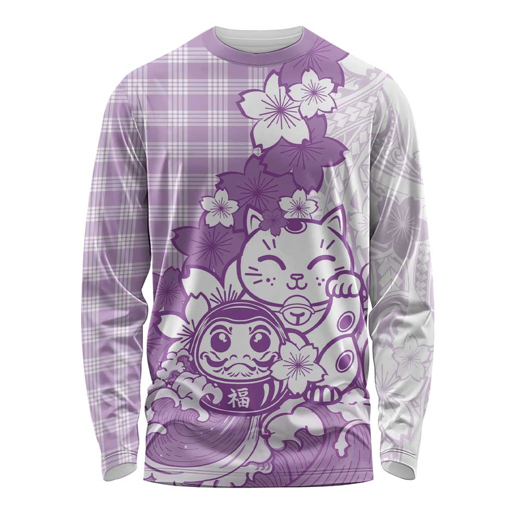 Purple Palaka Hawaiian And Japanese Long Sleeve Shirt Maneki Neko And Sakura Bloom DT05 Unisex Purple - Polynesian Pride