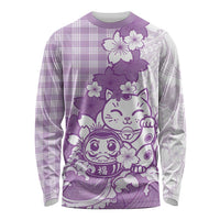 Purple Palaka Hawaiian And Japanese Long Sleeve Shirt Maneki Neko And Sakura Bloom DT05 Unisex Purple - Polynesian Pride