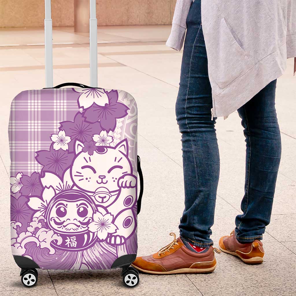 Purple Palaka Hawaiian And Japanese Luggage Cover Maneki Neko And Sakura Bloom DT05 Purple - Polynesian Pride