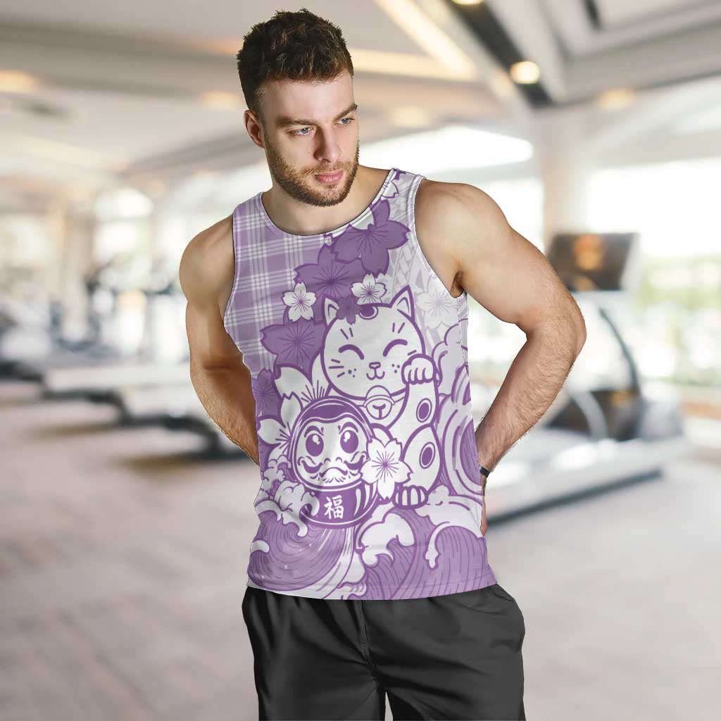 Purple Palaka Hawaiian And Japanese Men Tank Top Maneki Neko And Sakura Bloom DT05 Purple - Polynesian Pride