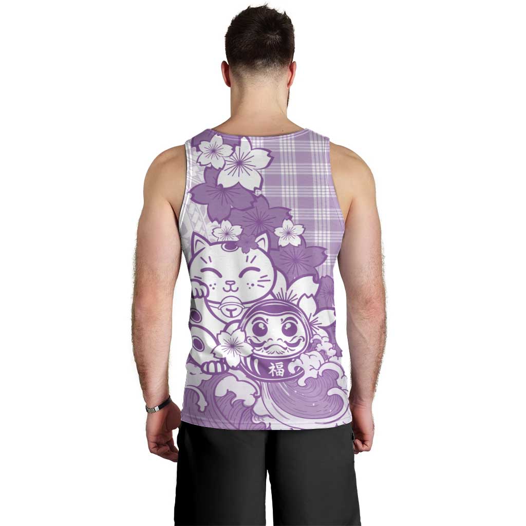 Purple Palaka Hawaiian And Japanese Men Tank Top Maneki Neko And Sakura Bloom DT05 - Polynesian Pride