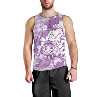 Purple Palaka Hawaiian And Japanese Men Tank Top Maneki Neko And Sakura Bloom DT05 - Polynesian Pride