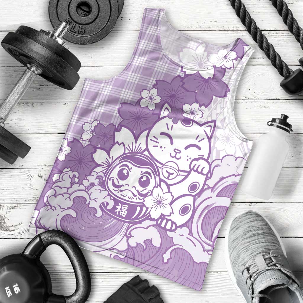 Purple Palaka Hawaiian And Japanese Men Tank Top Maneki Neko And Sakura Bloom DT05 - Polynesian Pride