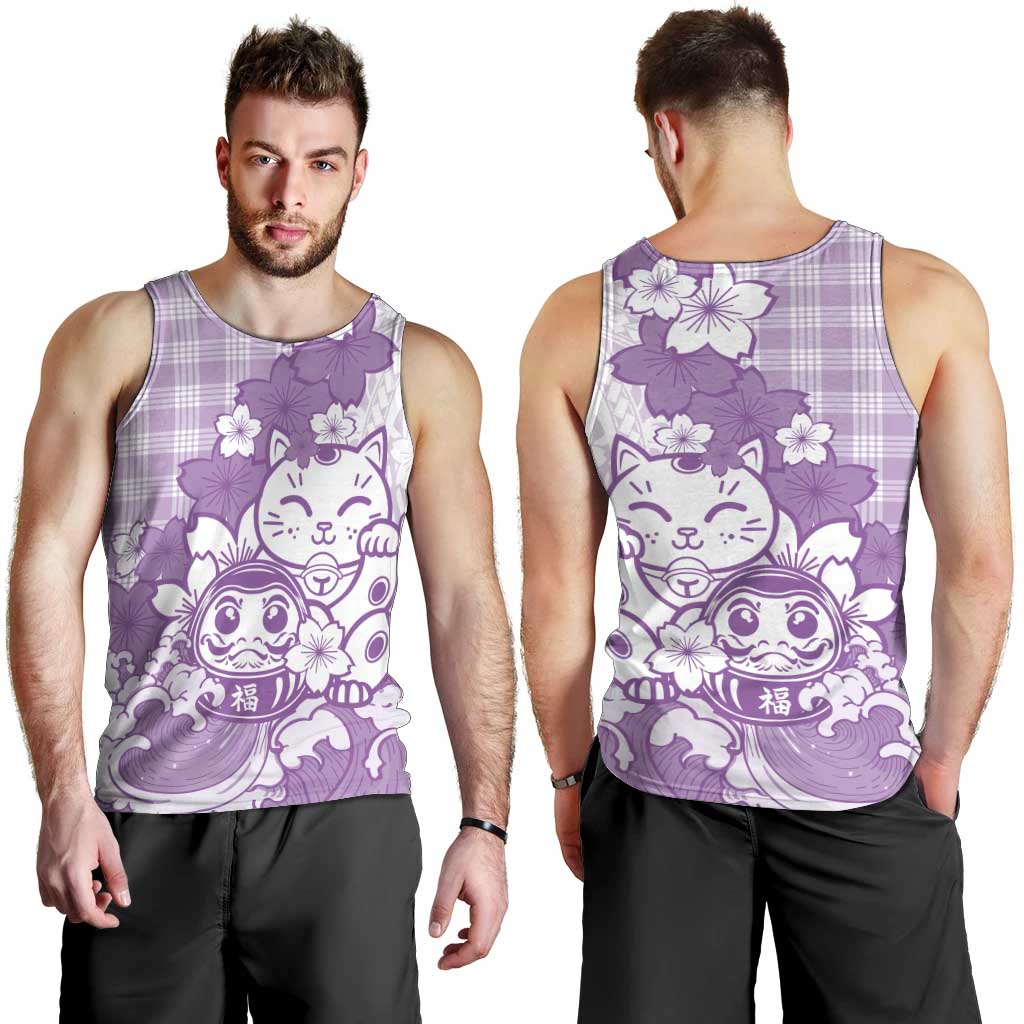 Purple Palaka Hawaiian And Japanese Men Tank Top Maneki Neko And Sakura Bloom DT05 - Polynesian Pride