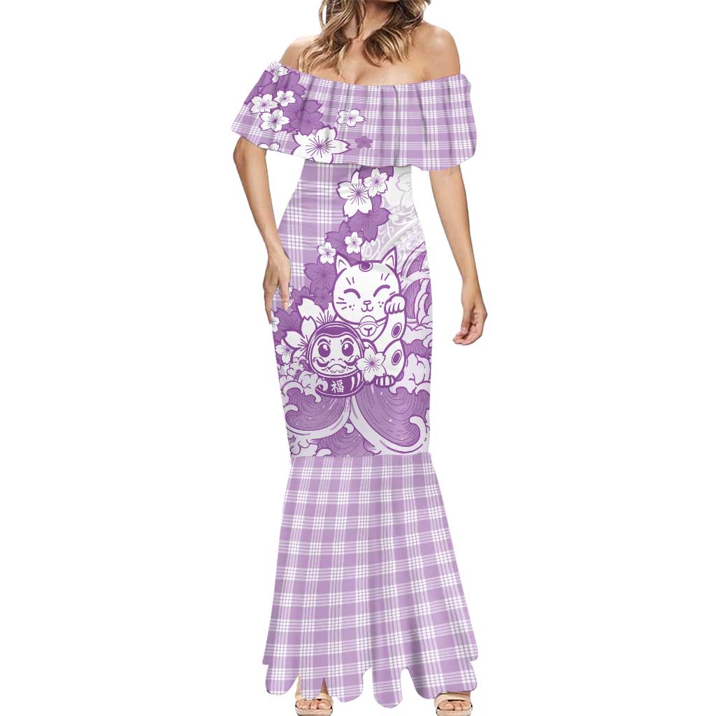 Purple Palaka Hawaiian And Japanese Mermaid Dress Maneki Neko And Sakura Bloom DT05 - Polynesian Pride