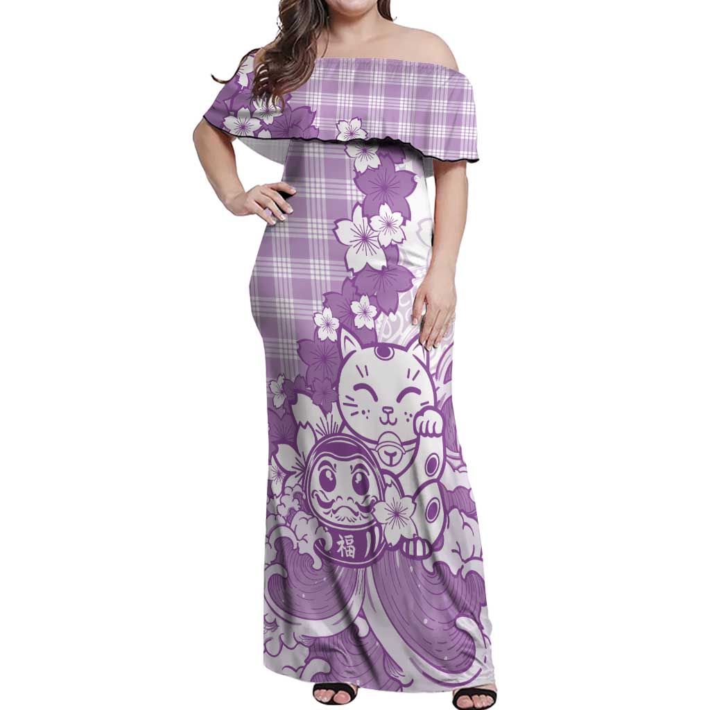 Purple Palaka Hawaiian And Japanese Off Shoulder Maxi Dress Maneki Neko And Sakura Bloom DT05 Women Purple - Polynesian Pride