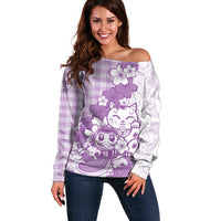 Purple Palaka Hawaiian And Japanese Off Shoulder Sweater Maneki Neko And Sakura Bloom DT05 Women Purple - Polynesian Pride
