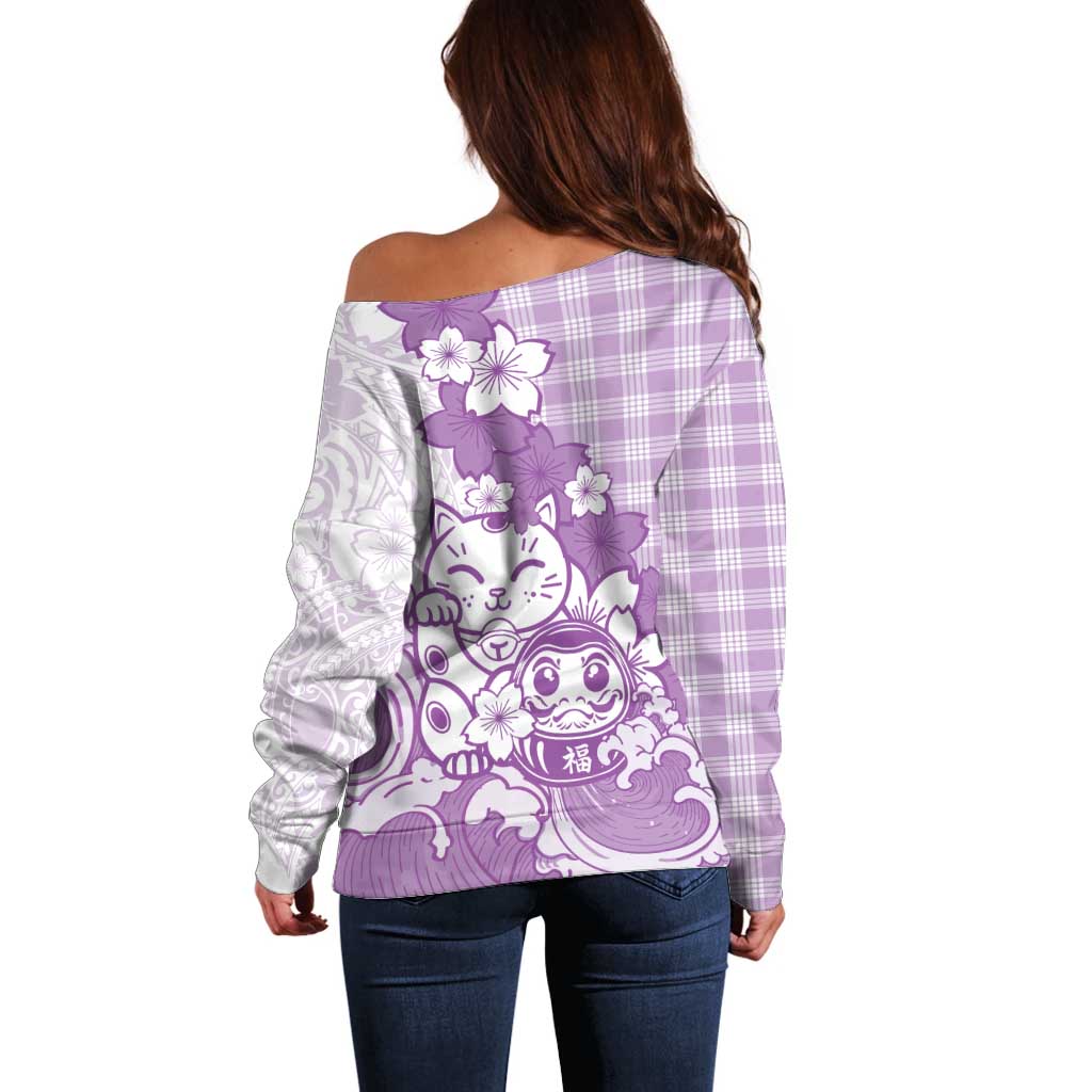 Purple Palaka Hawaiian And Japanese Off Shoulder Sweater Maneki Neko And Sakura Bloom DT05 - Polynesian Pride