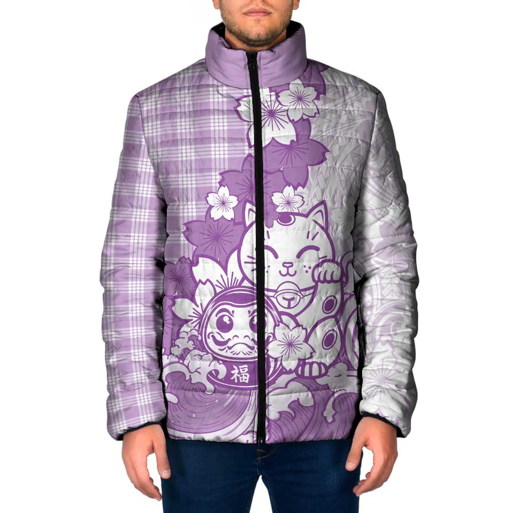 Purple Palaka Hawaiian And Japanese Padded Jacket Maneki Neko And Sakura Bloom DT05 Men Purple - Polynesian Pride