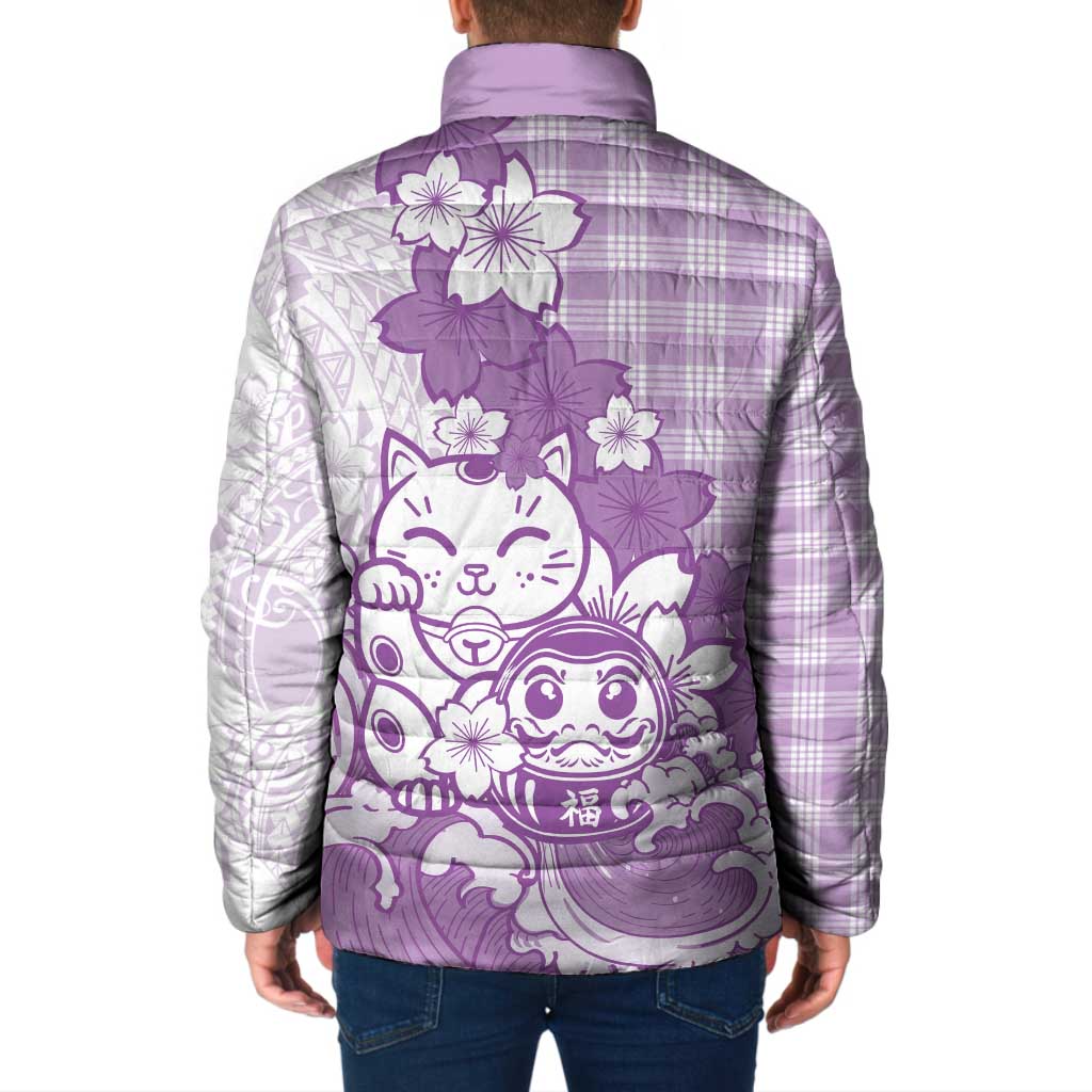 Purple Palaka Hawaiian And Japanese Padded Jacket Maneki Neko And Sakura Bloom DT05 - Polynesian Pride