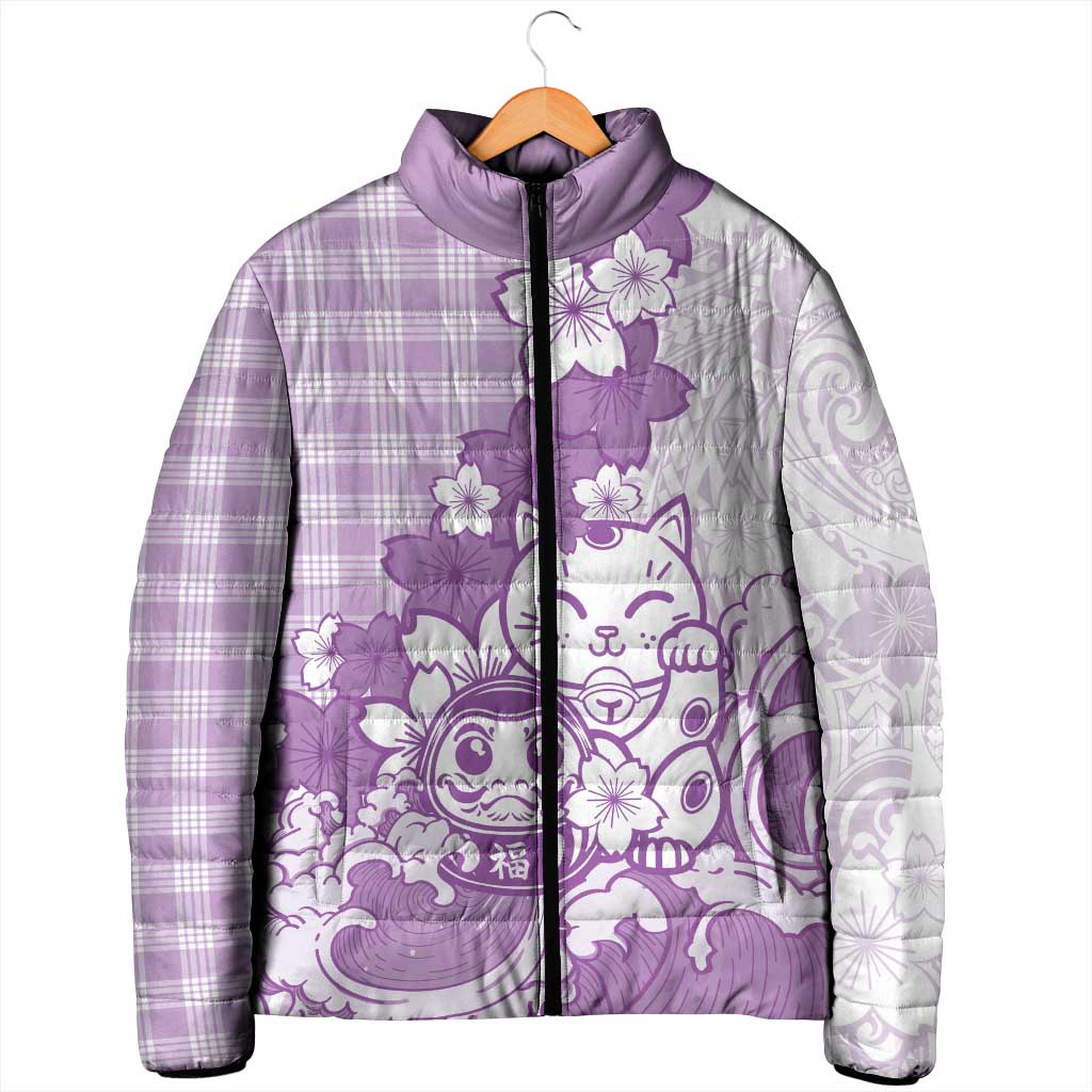 Purple Palaka Hawaiian And Japanese Padded Jacket Maneki Neko And Sakura Bloom DT05 - Polynesian Pride