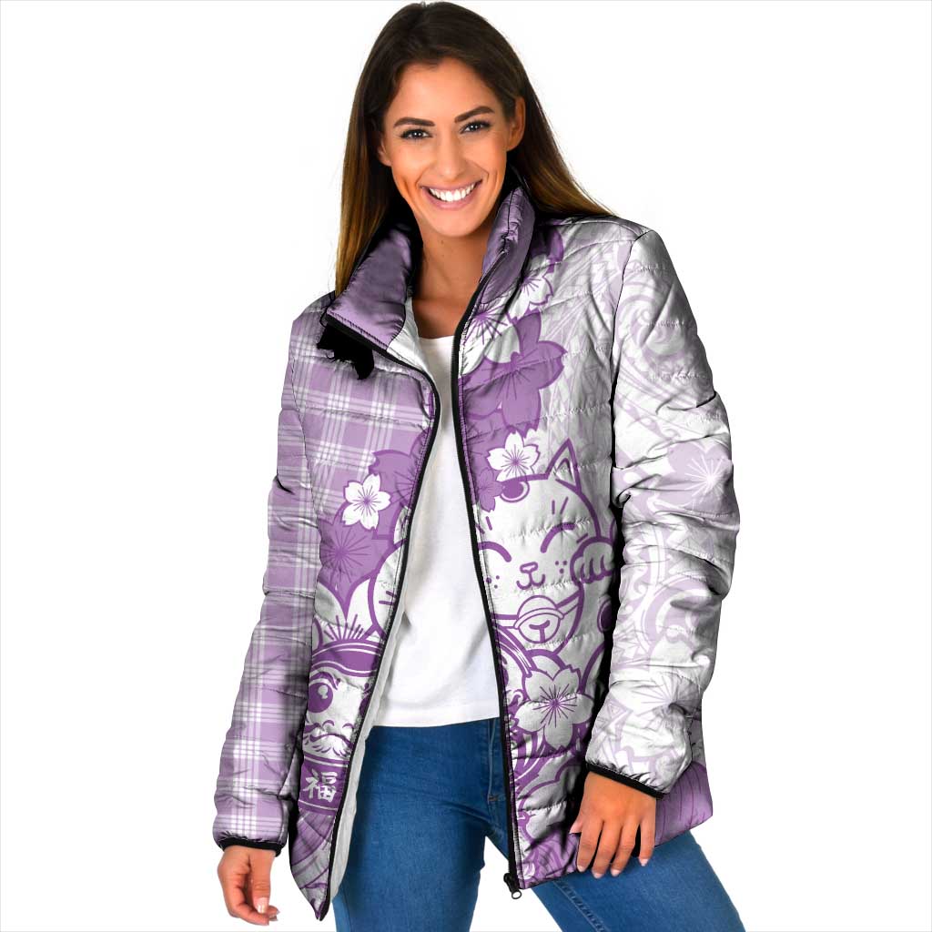 Purple Palaka Hawaiian And Japanese Padded Jacket Maneki Neko And Sakura Bloom DT05 Women Purple - Polynesian Pride
