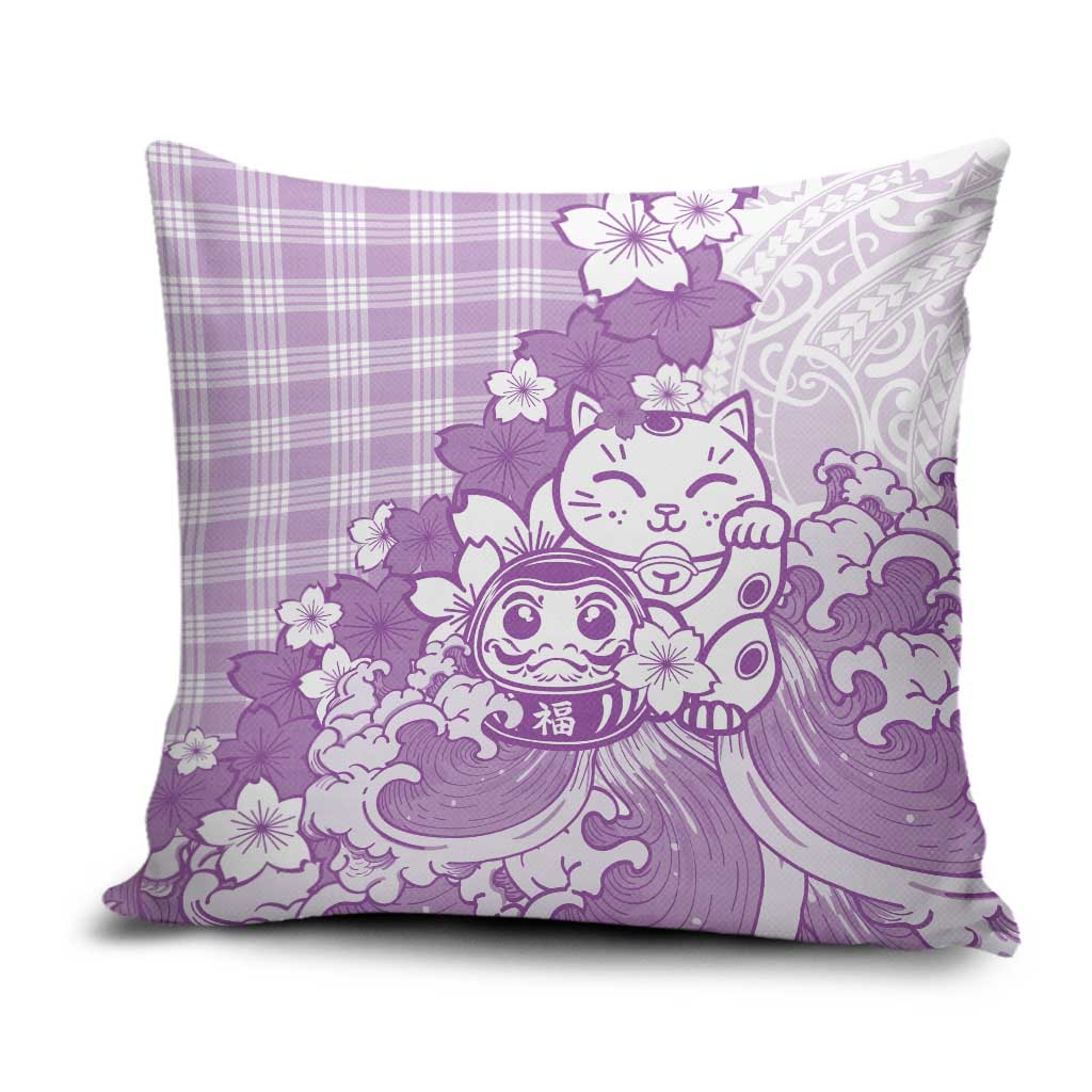 Purple Palaka Hawaiian And Japanese Pillow Cover Maneki Neko And Sakura Bloom DT05 Purple - Polynesian Pride