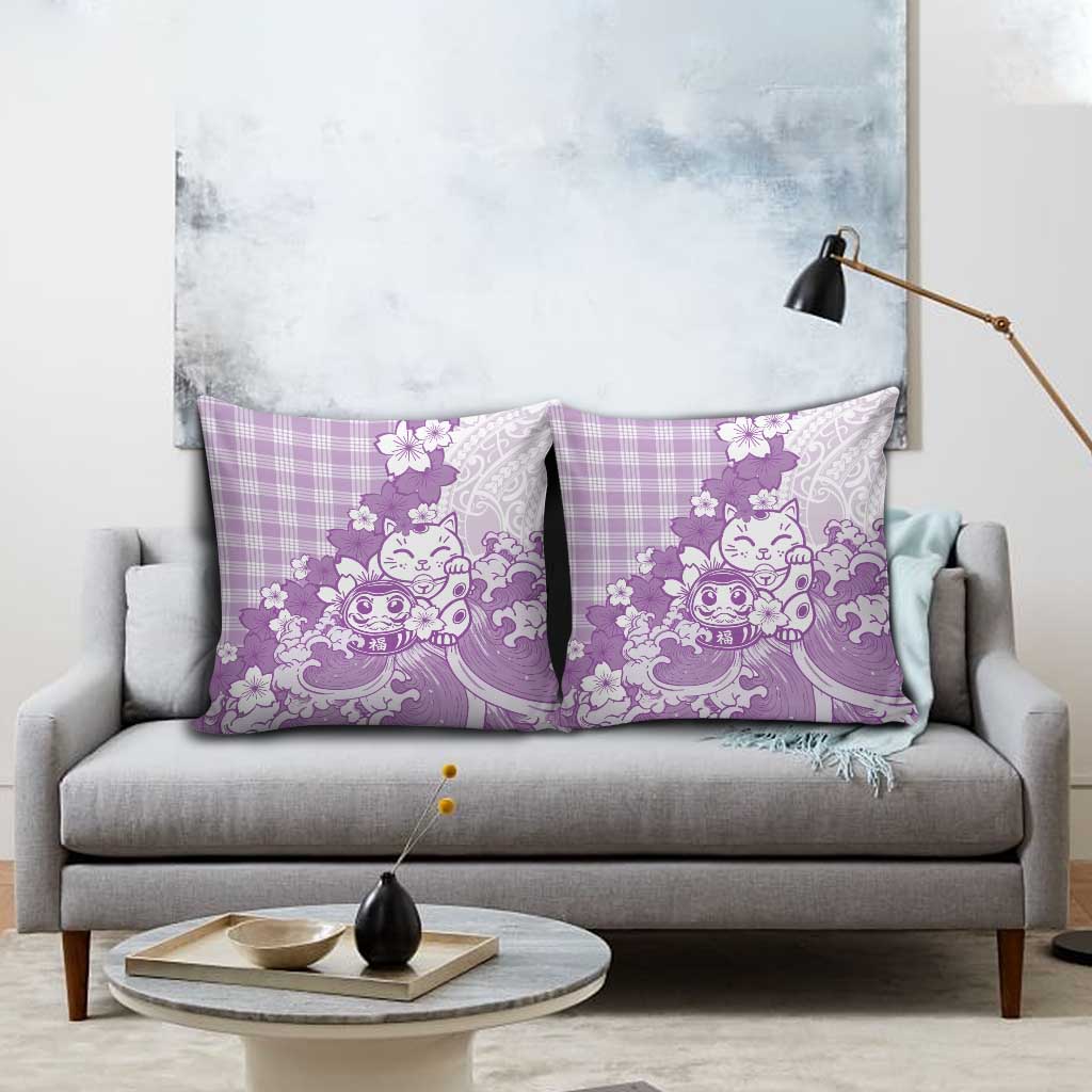 Purple Palaka Hawaiian And Japanese Pillow Cover Maneki Neko And Sakura Bloom DT05 - Polynesian Pride