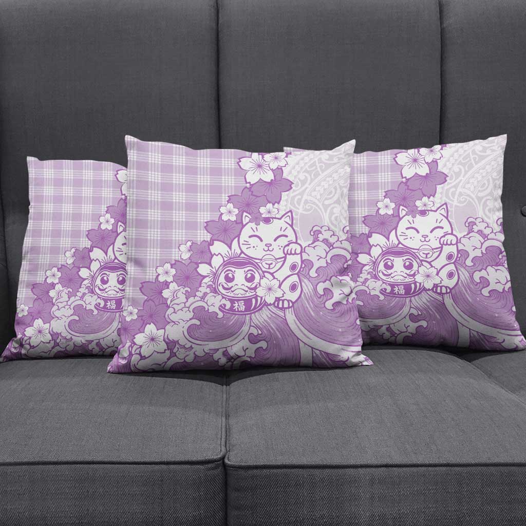 Purple Palaka Hawaiian And Japanese Pillow Cover Maneki Neko And Sakura Bloom DT05 - Polynesian Pride