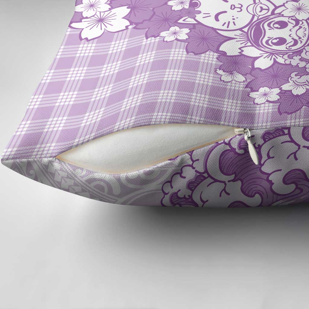 Purple Palaka Hawaiian And Japanese Pillow Cover Maneki Neko And Sakura Bloom DT05 - Polynesian Pride