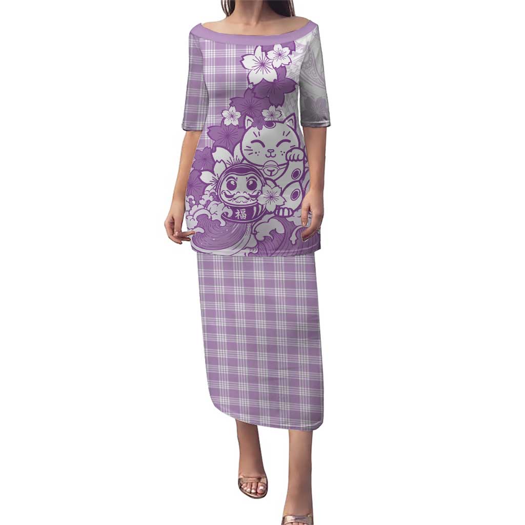 Purple Palaka Hawaiian And Japanese Puletasi Maneki Neko And Sakura Bloom DT05 Long Dress Purple - Polynesian Pride