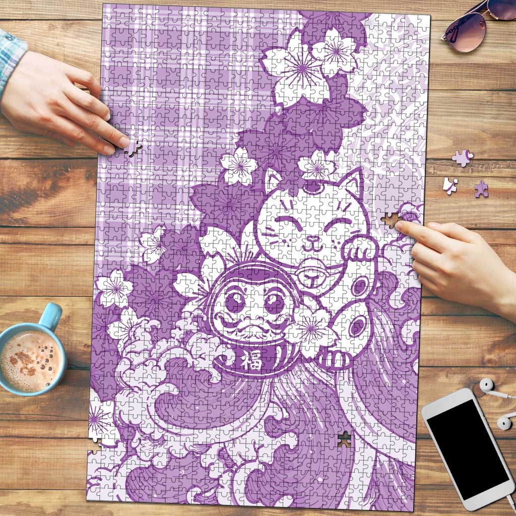 Purple Palaka Hawaiian And Japanese Puzzle Maneki Neko And Sakura Bloom DT05 Purple - Polynesian Pride