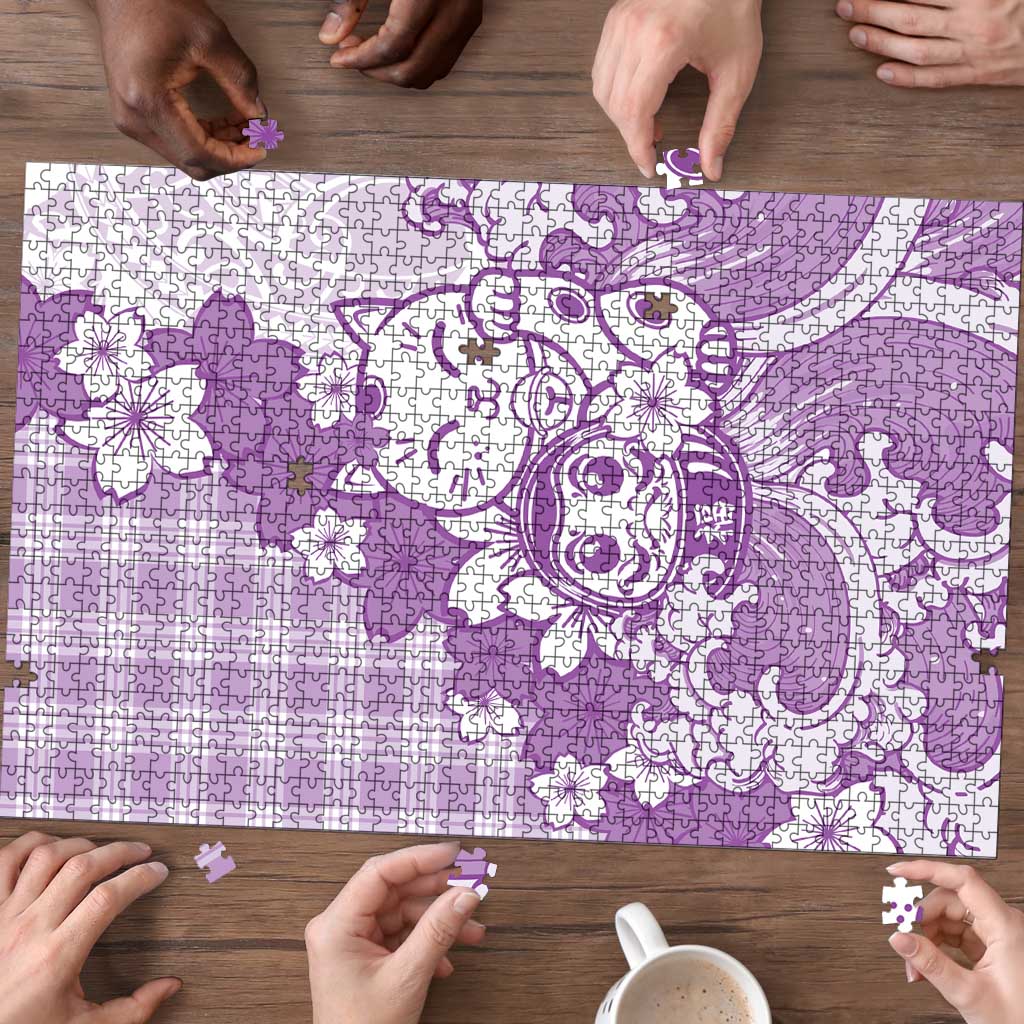 Purple Palaka Hawaiian And Japanese Puzzle Maneki Neko And Sakura Bloom DT05 - Polynesian Pride