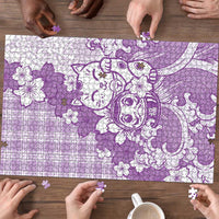 Purple Palaka Hawaiian And Japanese Puzzle Maneki Neko And Sakura Bloom DT05 - Polynesian Pride