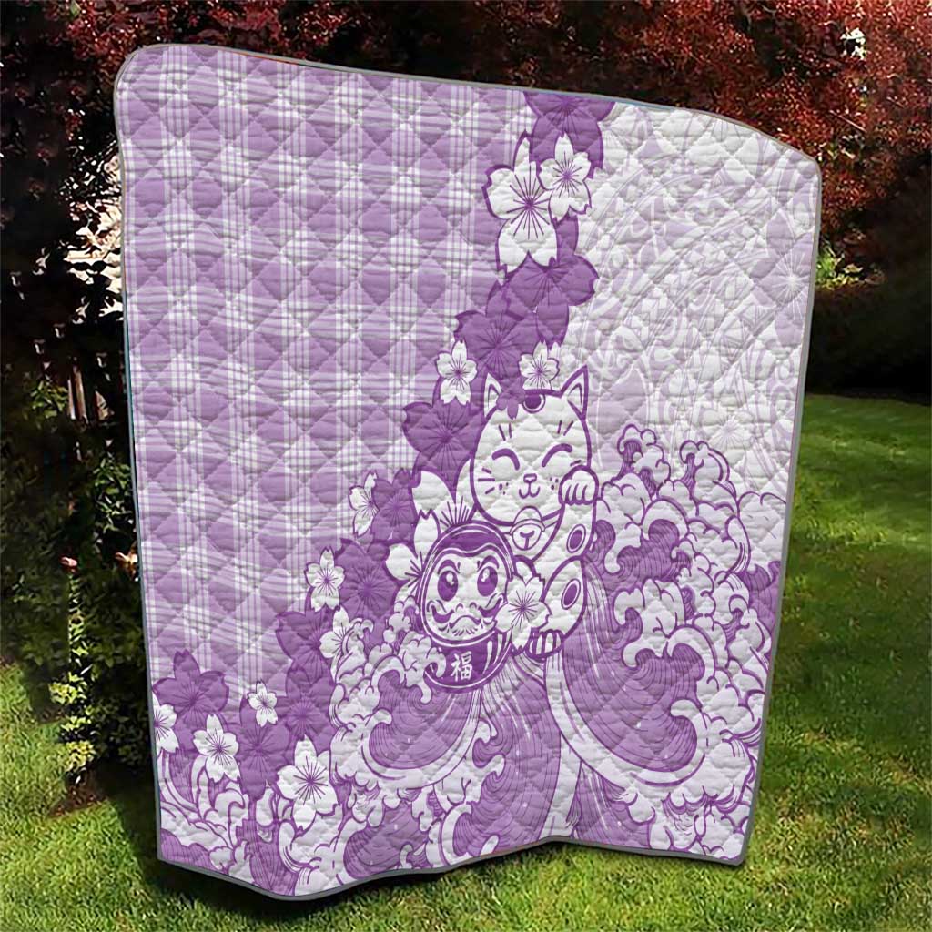 Purple Palaka Hawaiian And Japanese Quilt Maneki Neko And Sakura Bloom DT05 - Polynesian Pride
