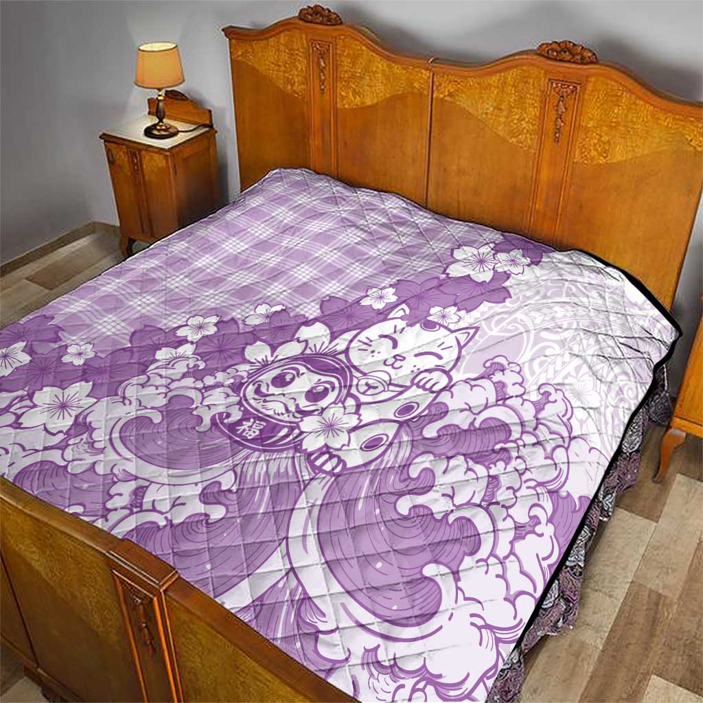 Purple Palaka Hawaiian And Japanese Quilt Maneki Neko And Sakura Bloom DT05 - Polynesian Pride