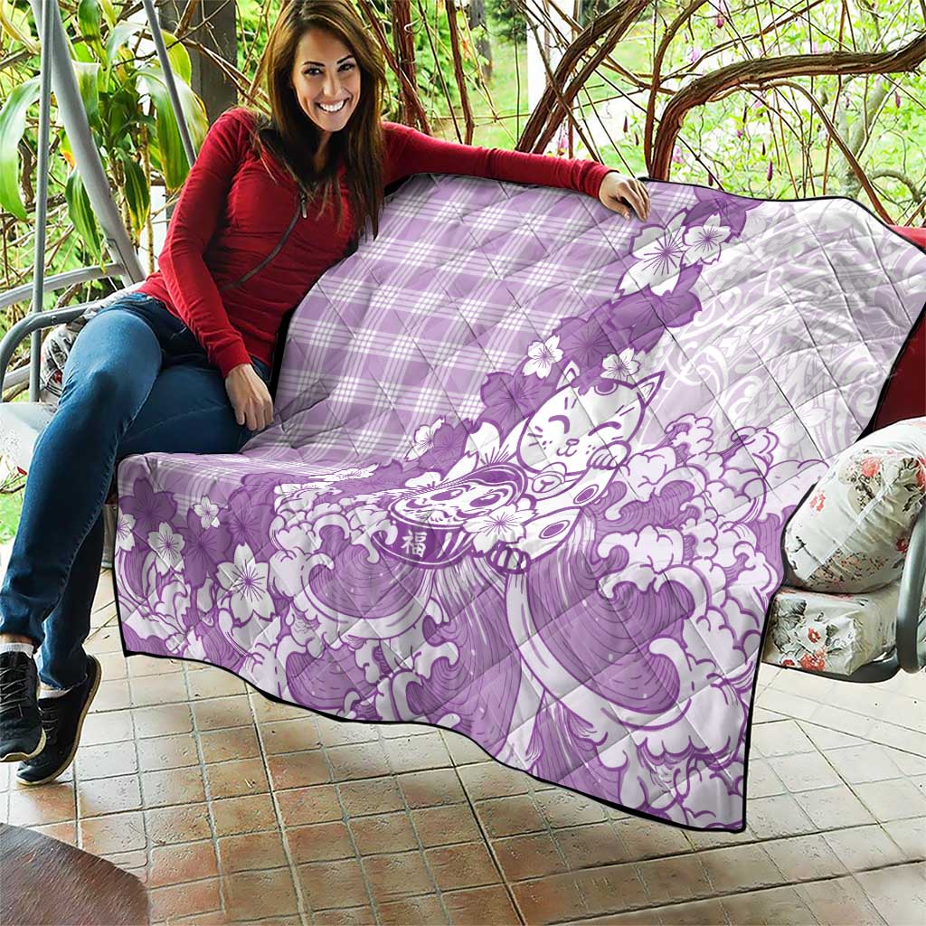 Purple Palaka Hawaiian And Japanese Quilt Maneki Neko And Sakura Bloom DT05 - Polynesian Pride