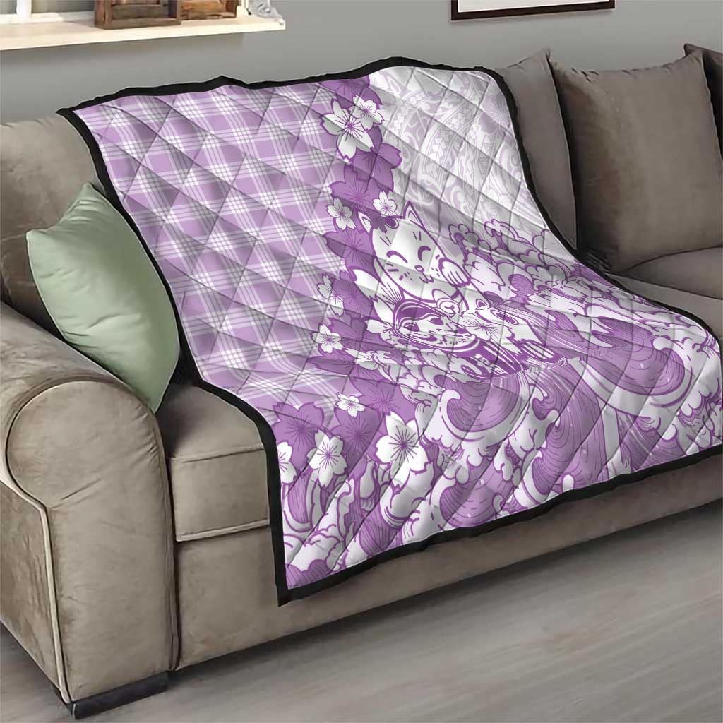 Purple Palaka Hawaiian And Japanese Quilt Maneki Neko And Sakura Bloom DT05 - Polynesian Pride