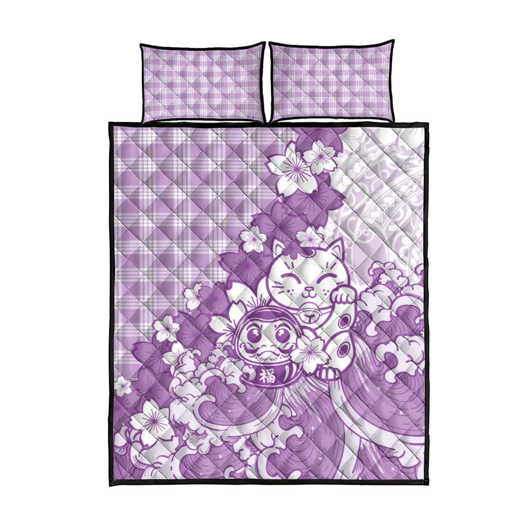 Purple Palaka Hawaiian And Japanese Quilt Bed Set Maneki Neko And Sakura Bloom DT05 - Polynesian Pride