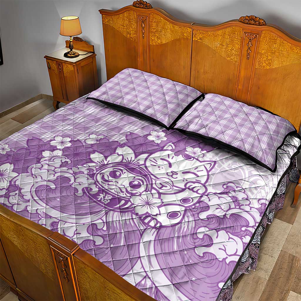 Purple Palaka Hawaiian And Japanese Quilt Bed Set Maneki Neko And Sakura Bloom DT05 - Polynesian Pride