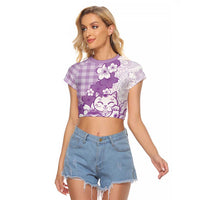 Purple Palaka Hawaiian And Japanese Raglan Cropped T Shirt Maneki Neko And Sakura Bloom DT05 Female Purple - Polynesian Pride